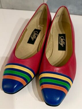 Vintage Shelby pink & multicolored stripe kitten heels- 80s color block 7 narrow